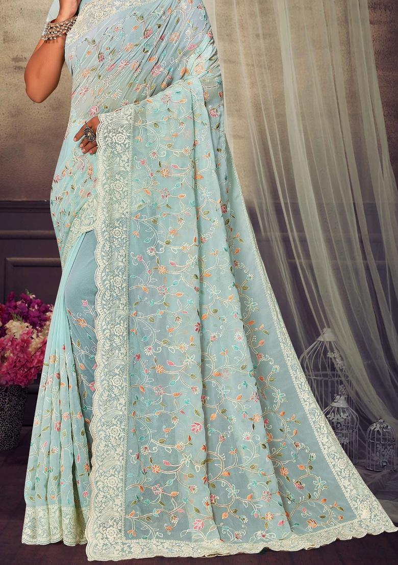 Sky Blue Embroidered Georgette Saree Set - Indya