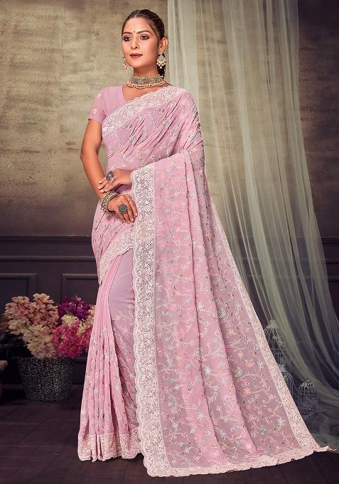 Pink Embroidered Georgette Saree Set