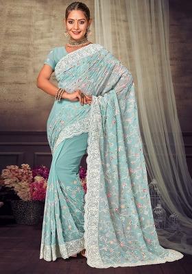 Sea Green Embroidered Georgette Saree Set
