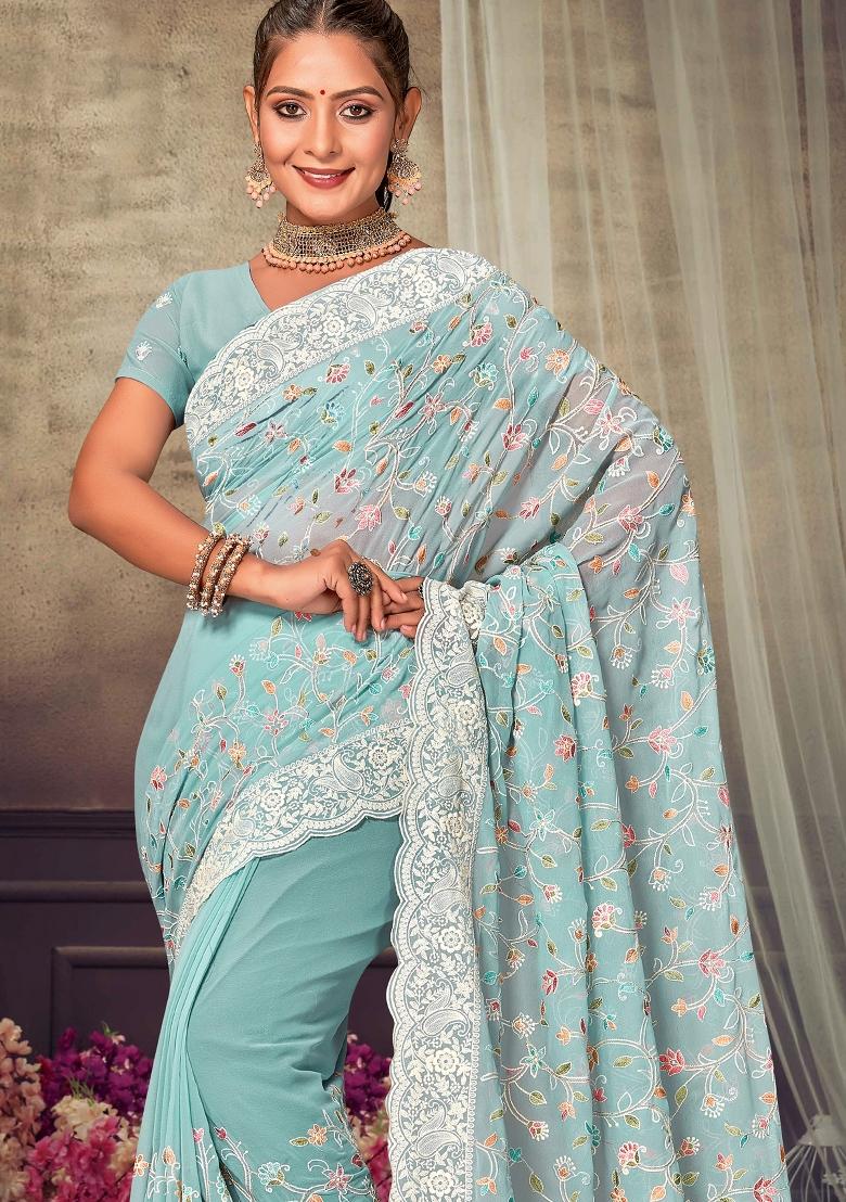 Sea Green Embroidered Georgette Saree Set - Indya