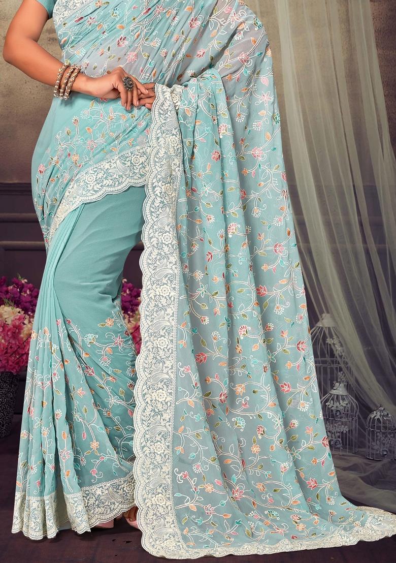 Sea Green Embroidered Georgette Saree Set - Indya