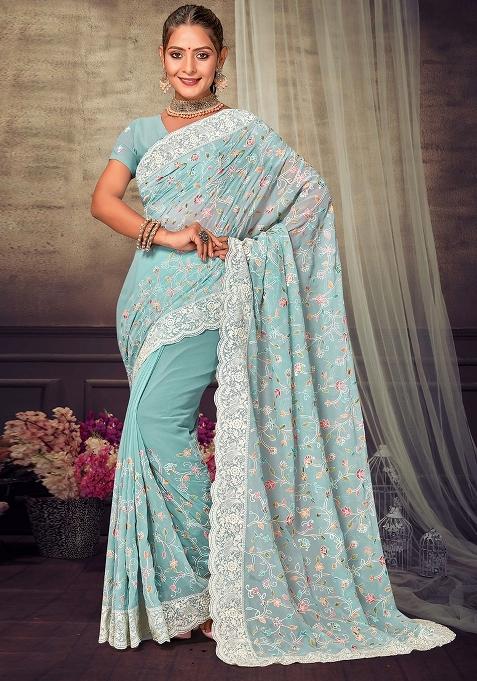 Sea Green Embroidered Georgette Saree Set