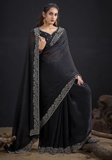 Black Embroidered Silk Saree Set