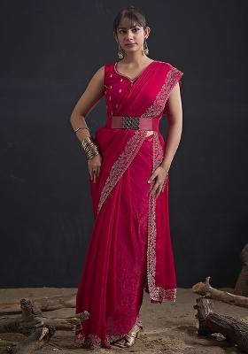 Magenta Embroidered Silk Saree Set