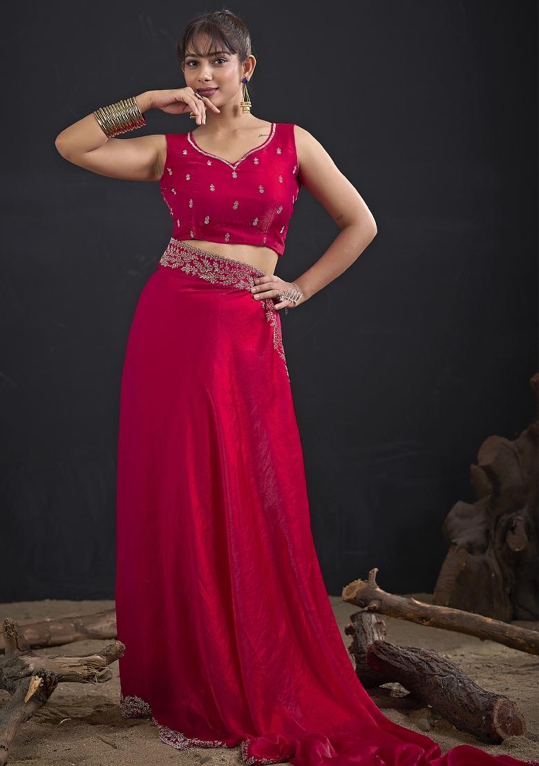 Magenta Embroidered Silk Saree Set - Indya