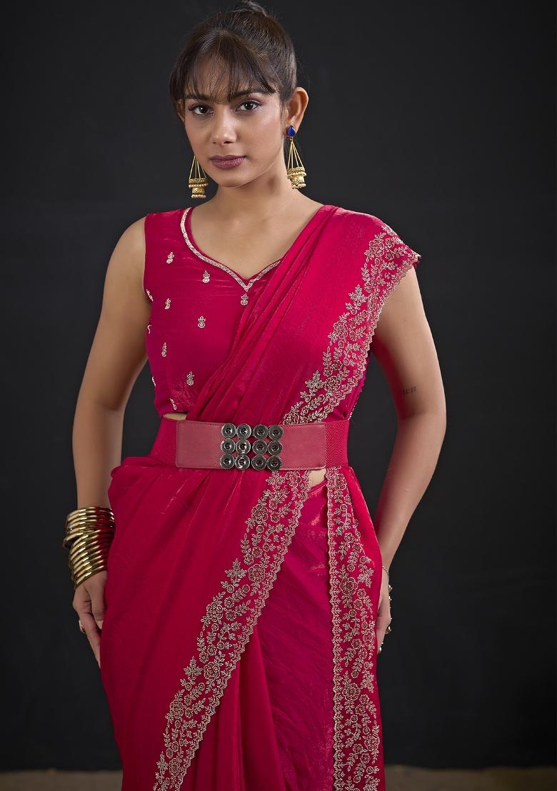 Magenta Embroidered Silk Saree Set - Indya