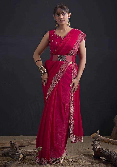 Magenta Embroidered Silk Saree Set