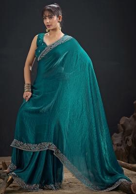 Teal Blue Embroidered Silk Saree Set