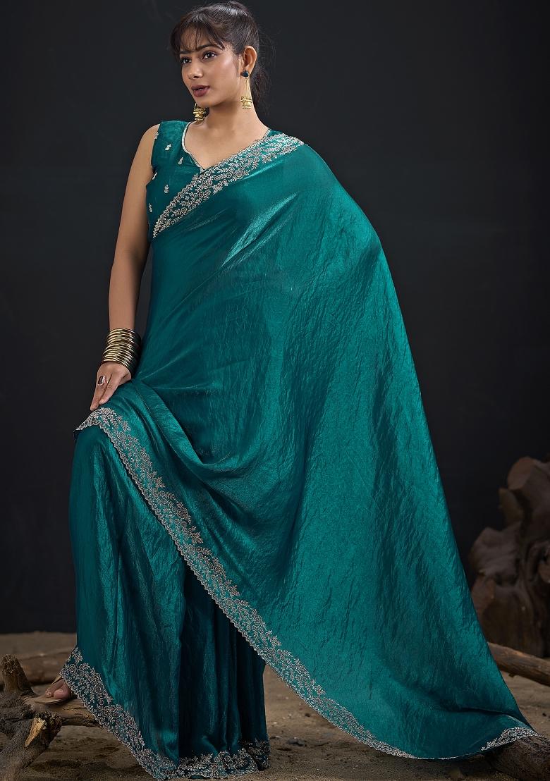 Teal Blue Embroidered Silk Saree Set - Indya