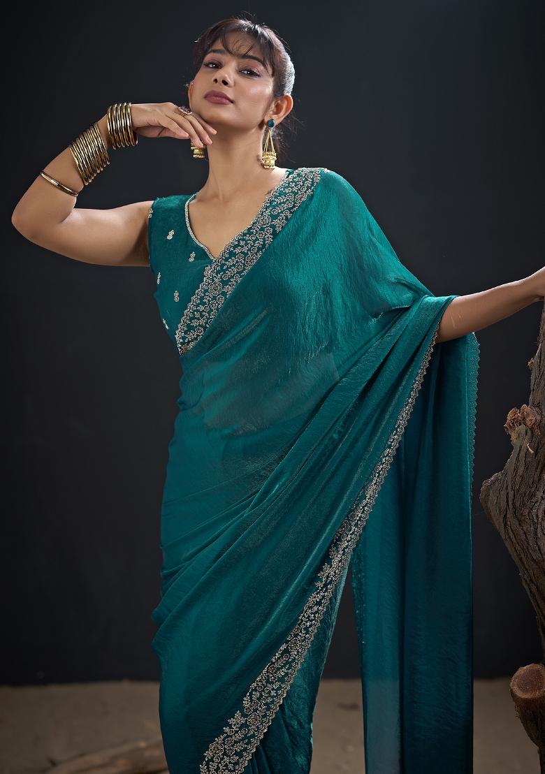 Teal Blue Embroidered Silk Saree Set - Indya