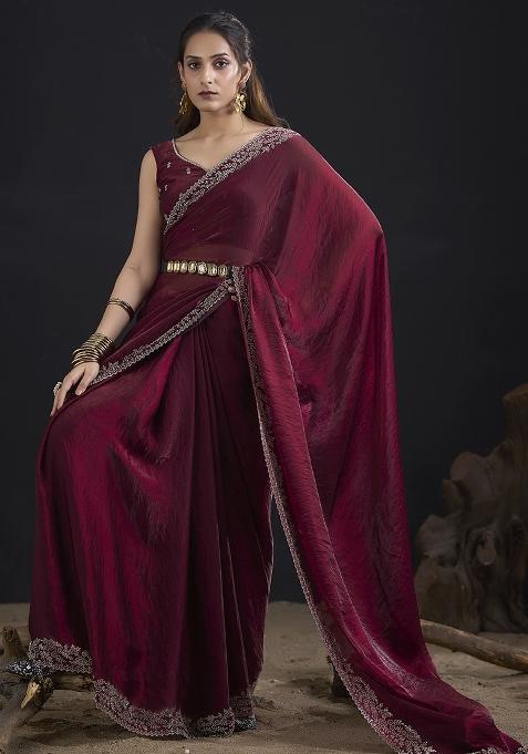 Maroon Embroidered Silk Saree Set