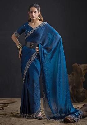 Navy Blue Embroidered Silk Saree Set