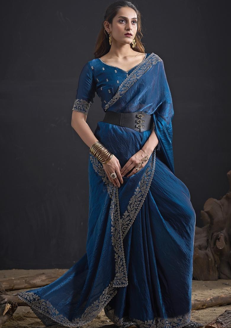 Navy Blue Embroidered Silk Saree Set - Indya