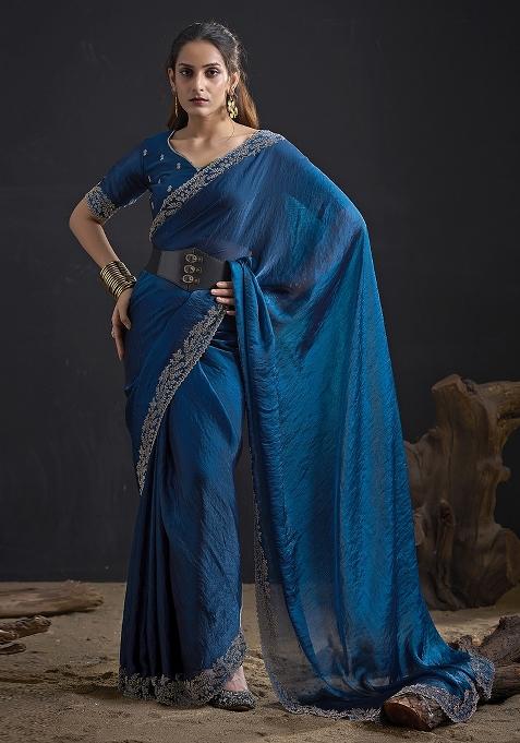 Navy Blue Embroidered Silk Saree Set