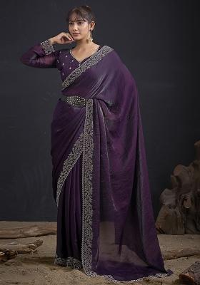 Purple Embroidered Silk Saree Set
