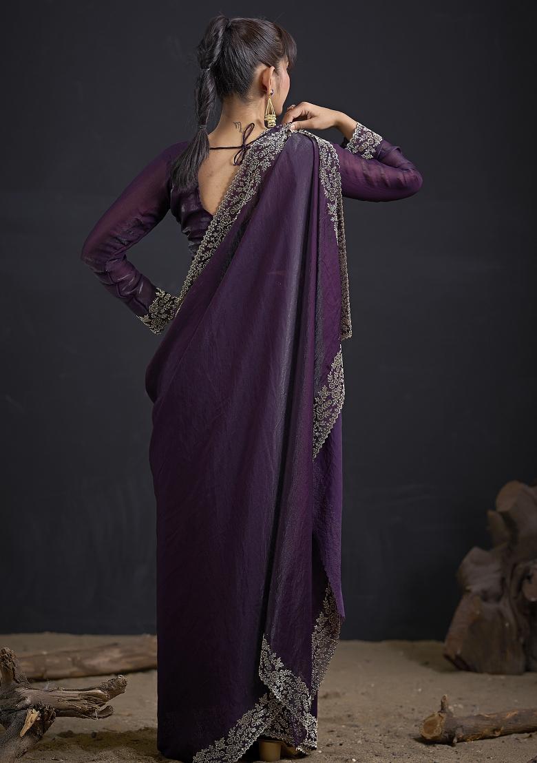 Purple Embroidered Silk Saree Set - Indya