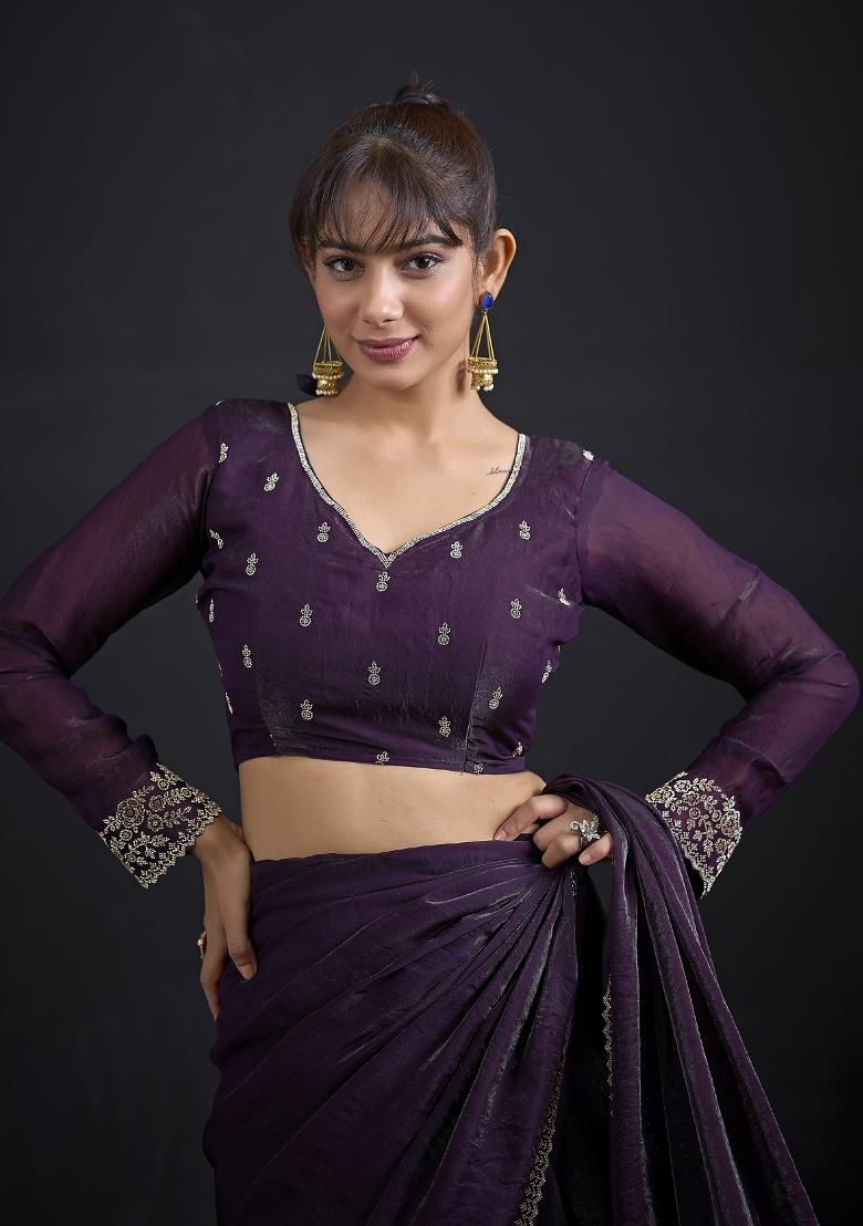 Purple Embroidered Silk Saree Set - Indya