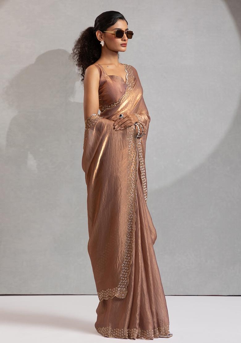 Golden Embroidered Silk Saree Set - Indya