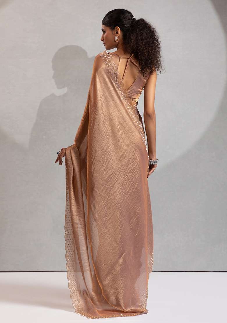 Golden Silk Saree Set with Embroidered for Diwali | Wedding & Festive Wear - Indya