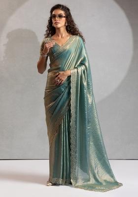 Teal Blue Embroidered Silk Saree Set