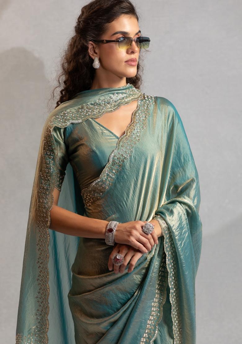 Teal Blue Embroidered Silk Saree Set - Indya