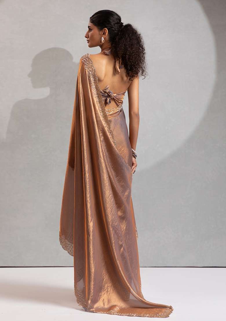 Golden Embroidered Silk Saree Set for Diwali and Festive Wear - Indya