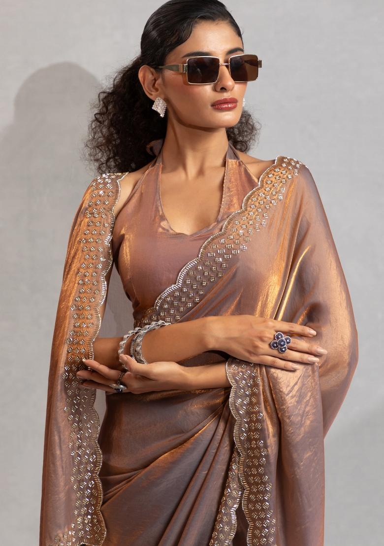 Golden Embroidered Silk Saree Set - Indya