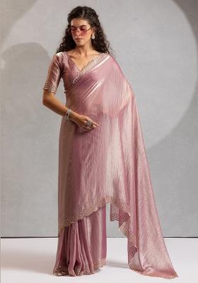 Pink Embroidered Silk Saree Set