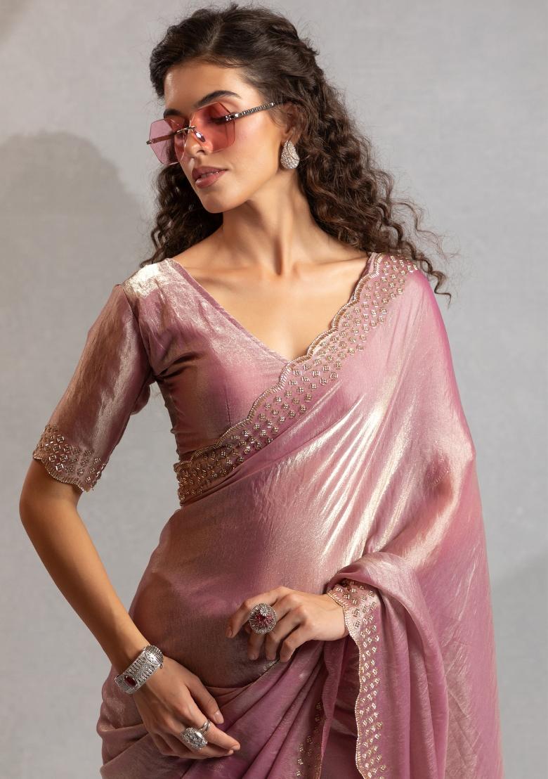 Pink Embroidered Silk Saree Set - Indya