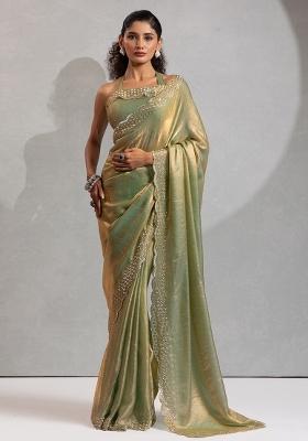 Green Embroidered Silk Saree Set
