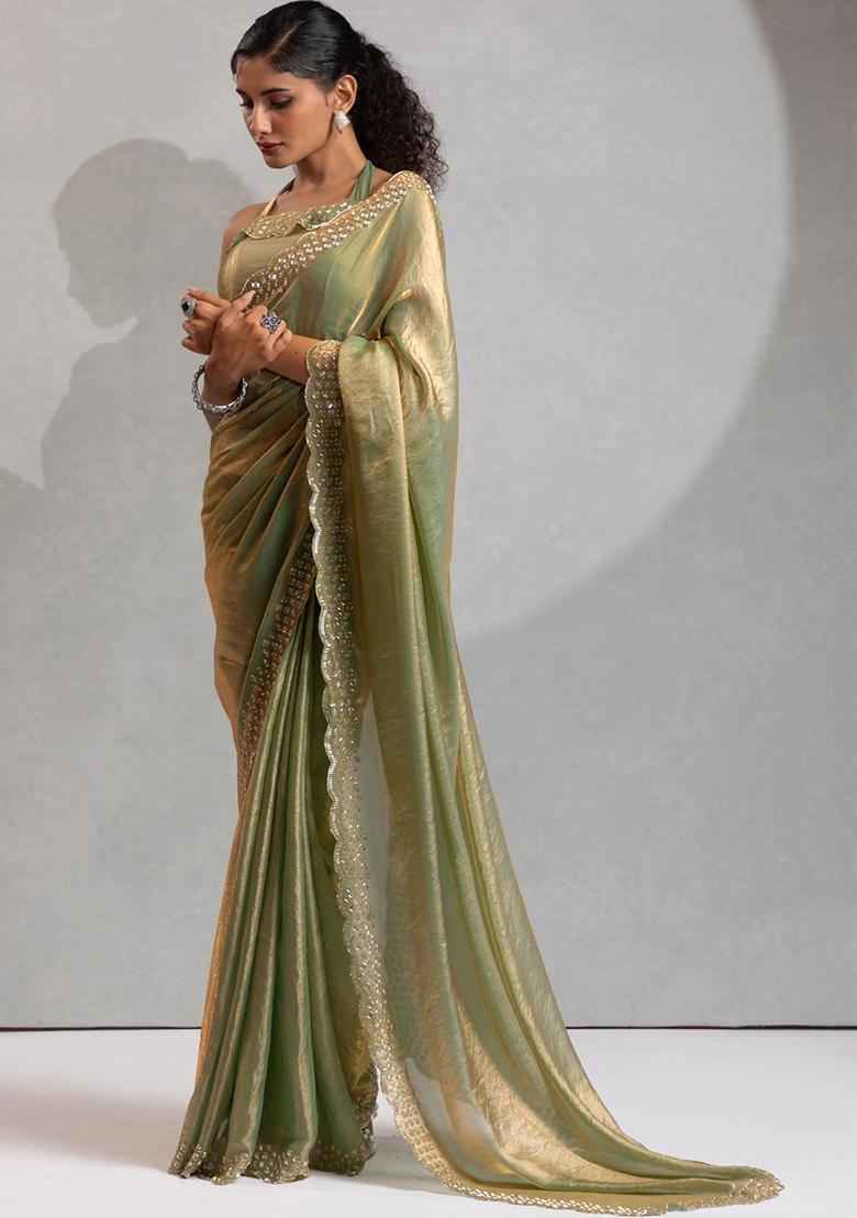 Green Embroidered Silk Saree Set - Indya