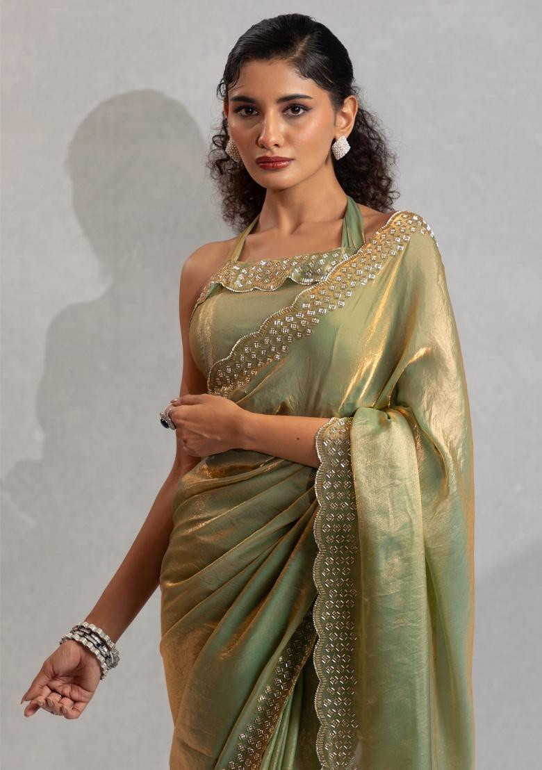 Green Embroidered Silk Saree Set - Indya
