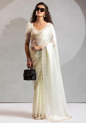 White Embroidered Silk Saree Set