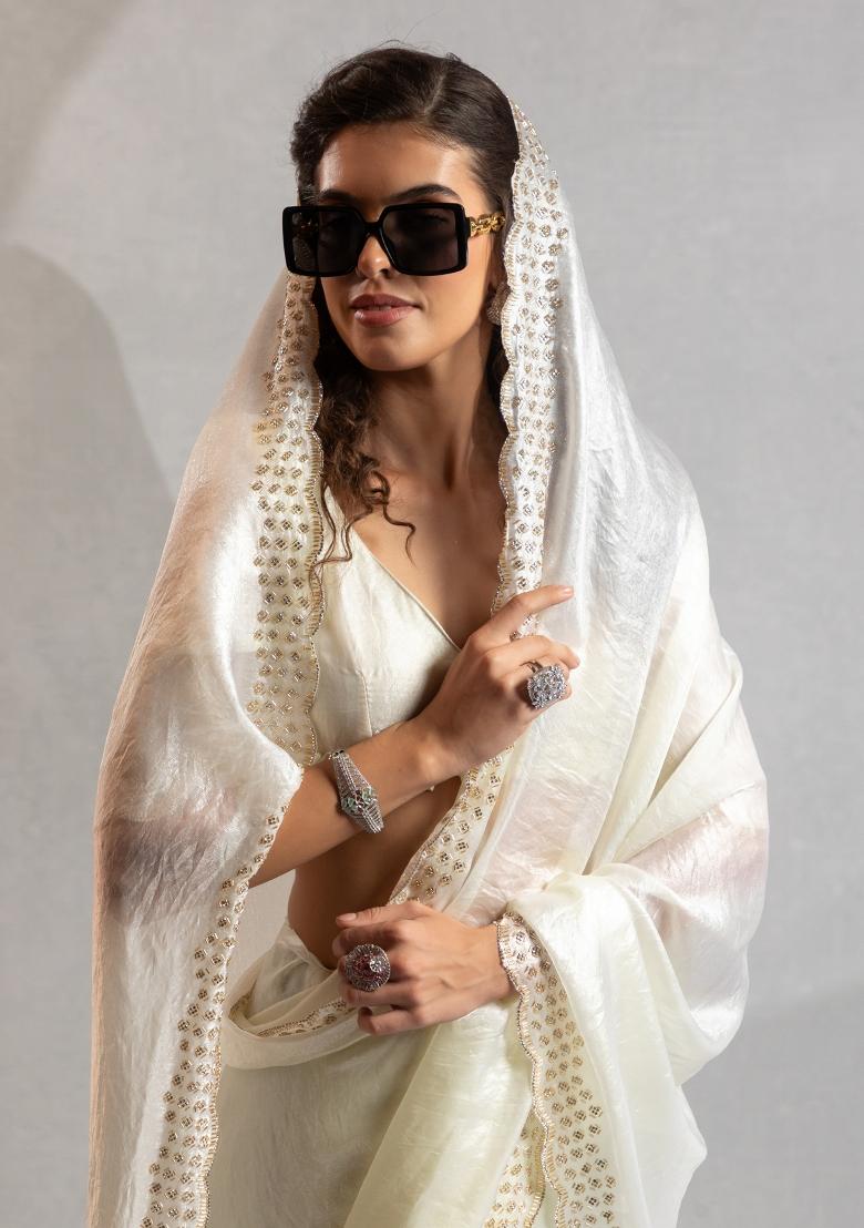 White Embroidered Silk Saree Set - Indya