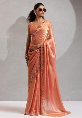 Peach Embroidered Silk Saree Set