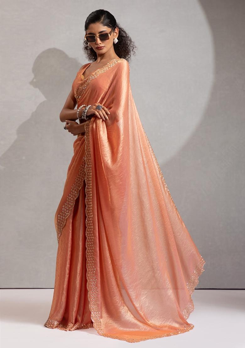 Peach Embroidered Silk Saree Set - Indya
