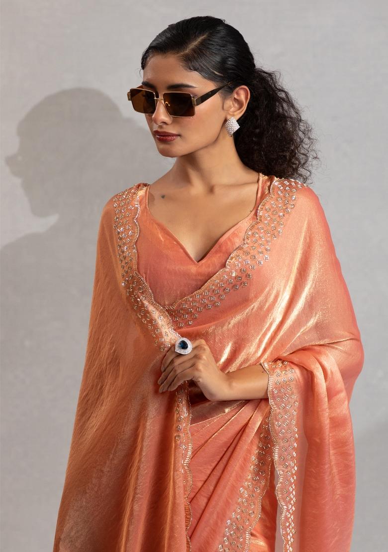 Peach Embroidered Silk Saree Set - Indya