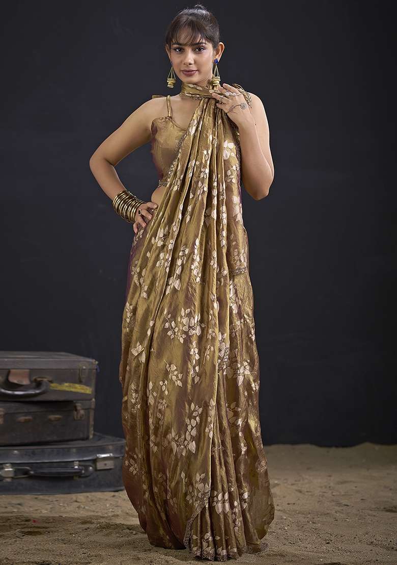 Golden Embroidered Silk Saree Set for Diwali and Festive Wear - Indya
