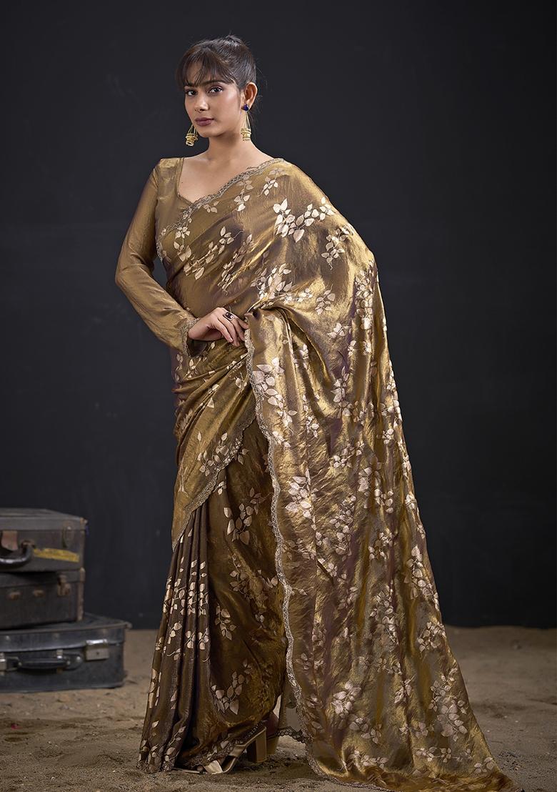 Golden Embroidered Silk Saree Set - Indya