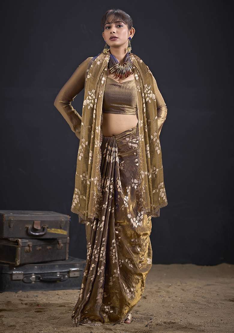 Golden Embroidered Silk Saree Set for Diwali and Festive Wear - Indya