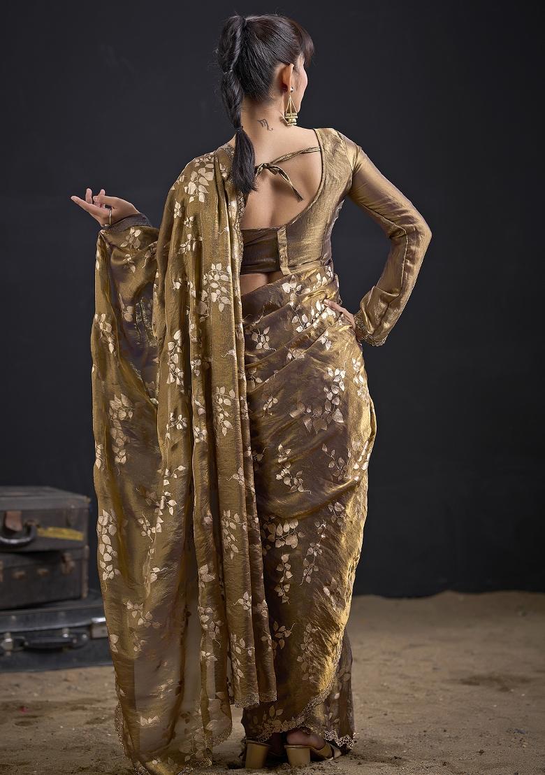 Golden Embroidered Silk Saree Set - Indya