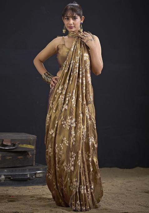 Golden Embroidered Silk Saree Set