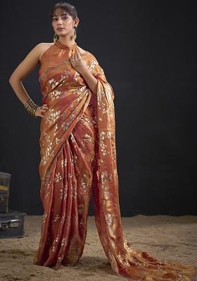 Orange Embroidered Silk Saree Set