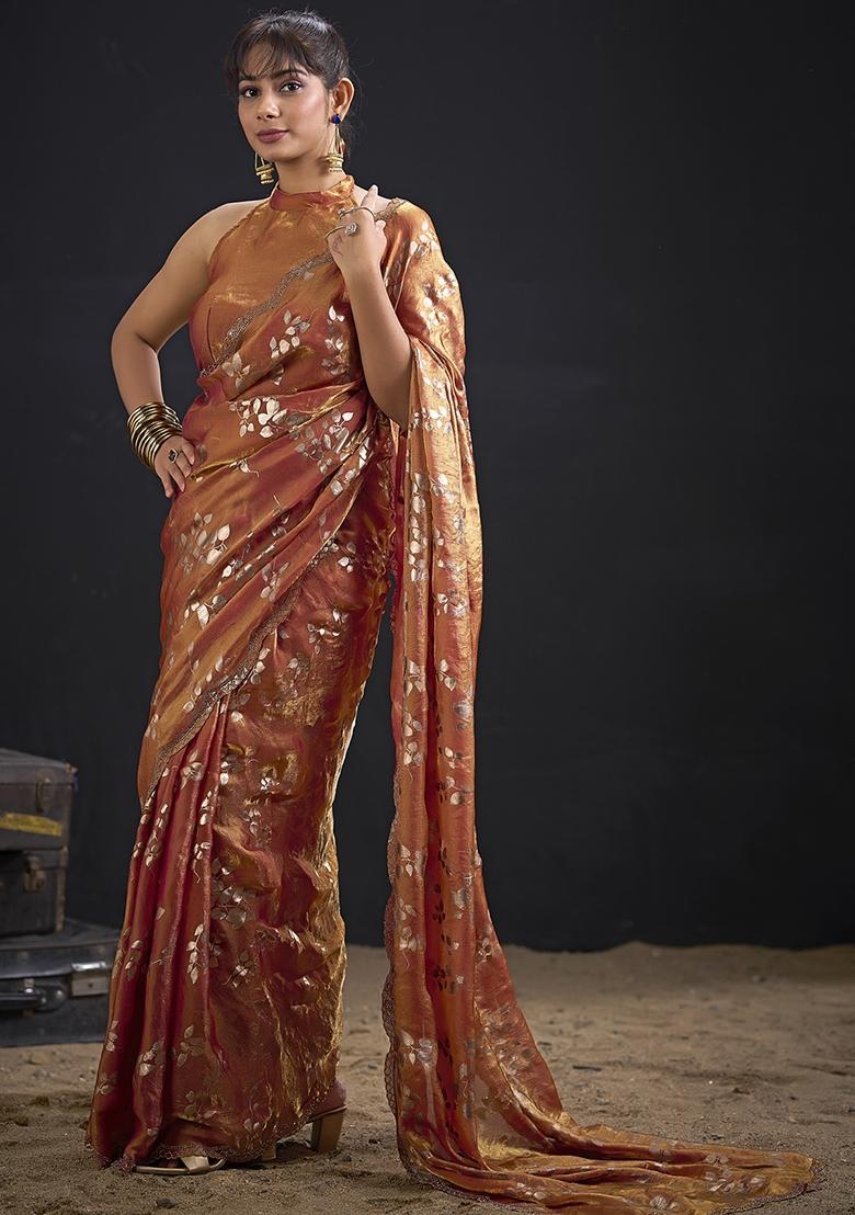 Orange Embroidered Silk Saree Set - Indya
