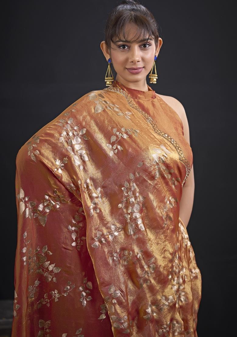 Orange Embroidered Silk Saree Set - Indya