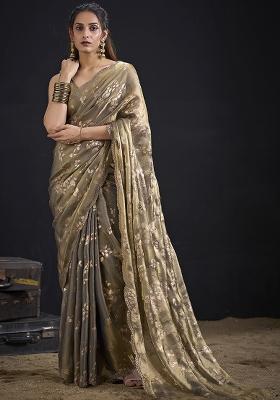 Grey Embroidered Silk Saree Set