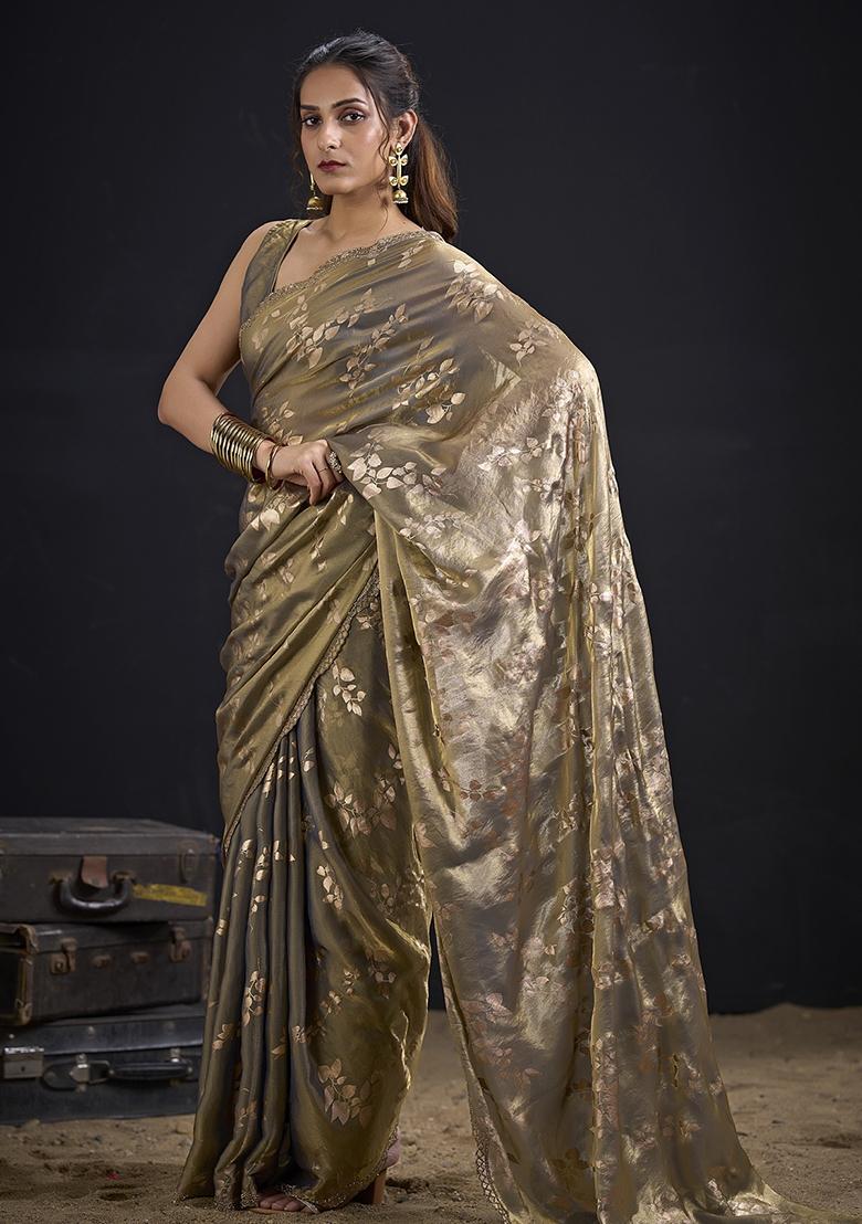 Grey Embroidered Silk Saree Set - Indya