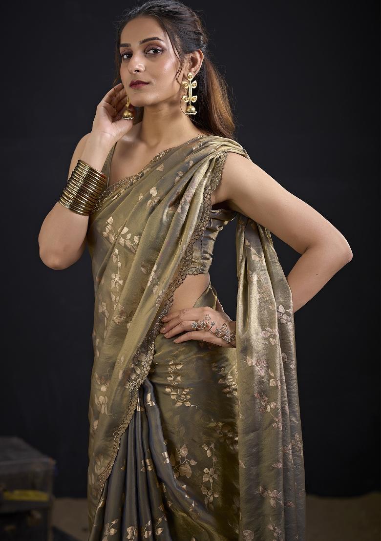 Grey Embroidered Silk Saree Set - Indya