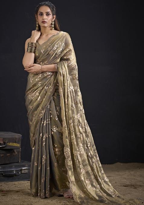 Grey Embroidered Silk Saree Set
