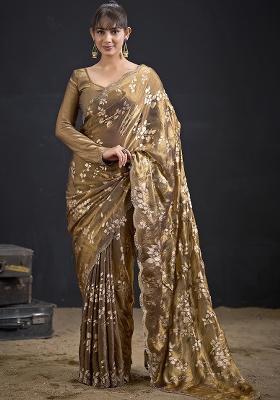 Brown Embroidered Silk Saree Set